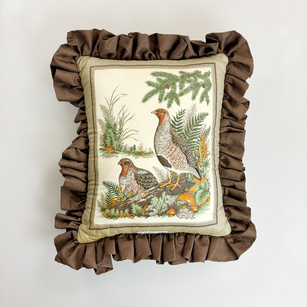 ARTISAN Handmade Partridge Pillow 20x17 Quilted Ruffle Autumn Fall Thanksgiving